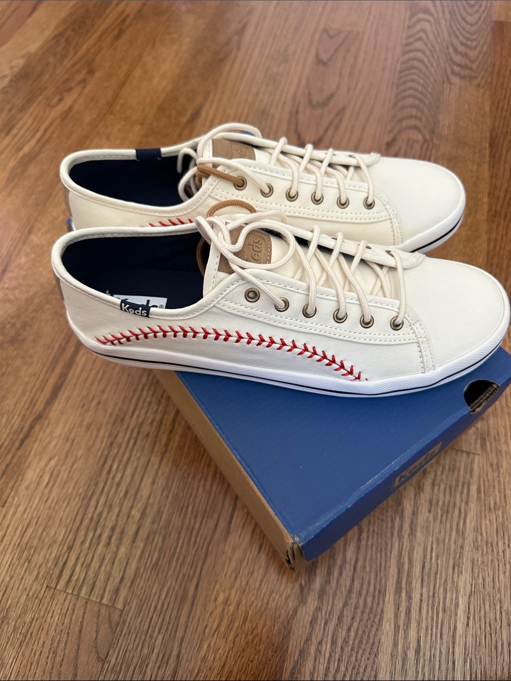 Women White Canvas baseball stitching Sneakers with Red Stitch Accent